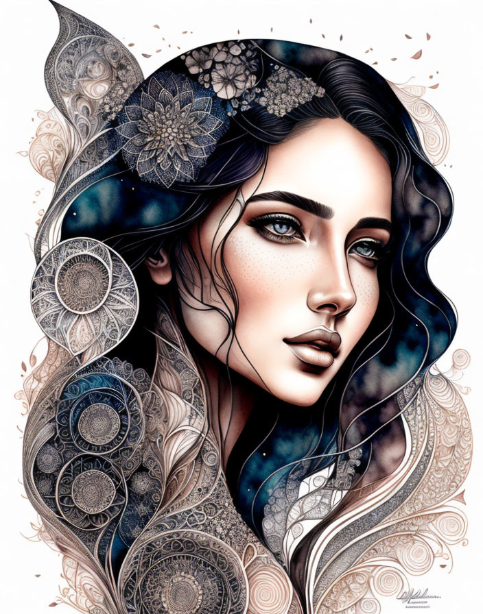 Stylized portrait of a woman with dark hair and decorative patterns in floral and cosmic motifs