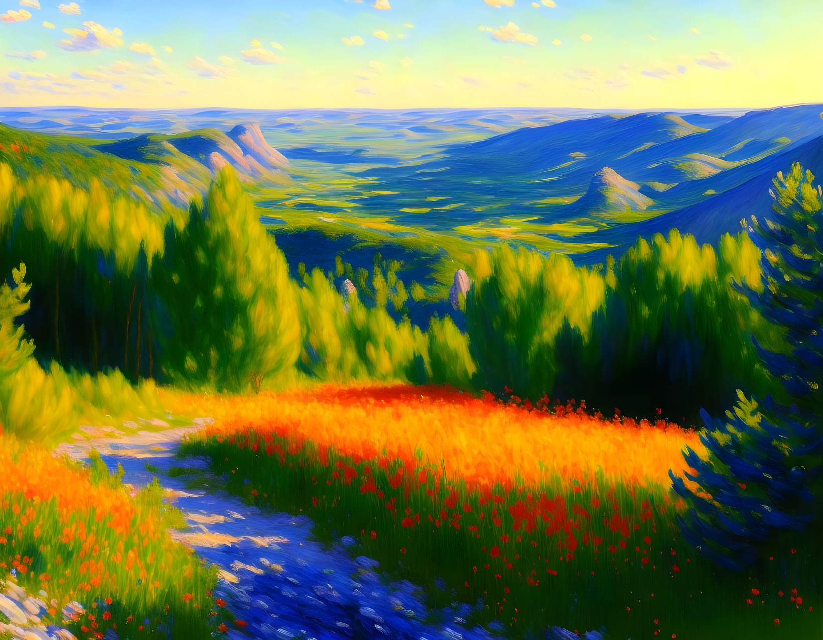 Colorful Meadow Landscape Painting with Red Flowers and Pine Trees