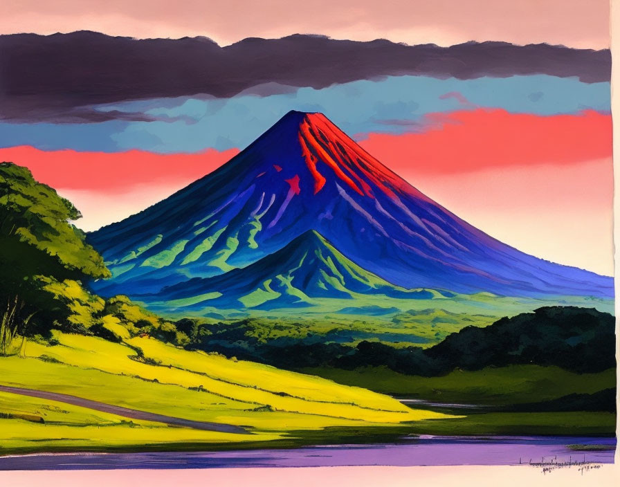 Vibrant mountain illustration with colorful sky and water landscape