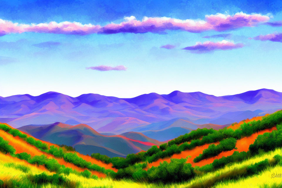 Colorful digital painting of layered mountain ranges with orange and green foliage under a pastel sky.