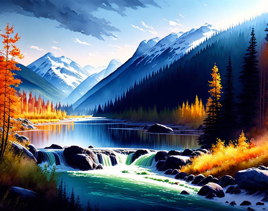 Scenic landscape with waterfall, lake, autumn trees, and snow-capped mountains