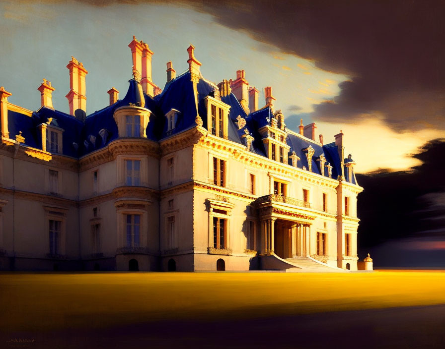 Opulent chateau at sunset with intricate architecture and blue roof accents