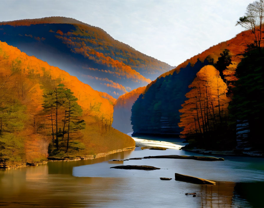 Tranquil River in Autumn Forested Hills