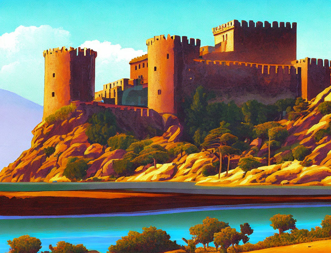 Vibrant medieval castle on hill by calm river