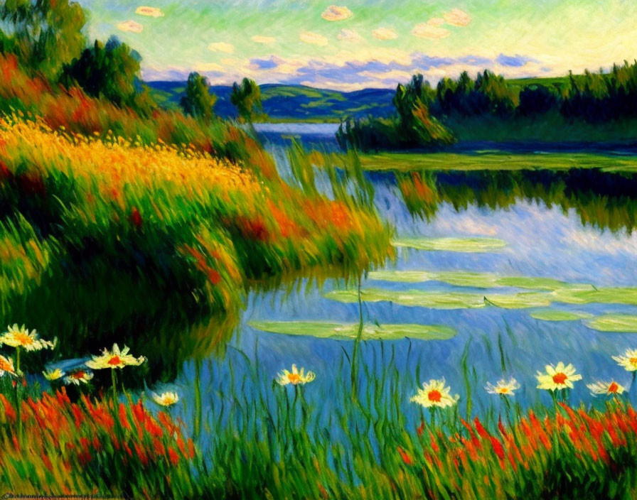 Serene lake painting with vibrant greenery and wildflowers