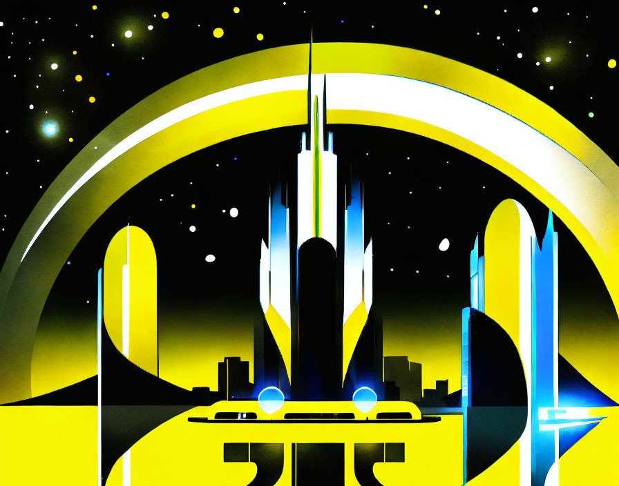 Futuristic cityscape with skyscraper, yellow roads, starry sky, in yellow, black