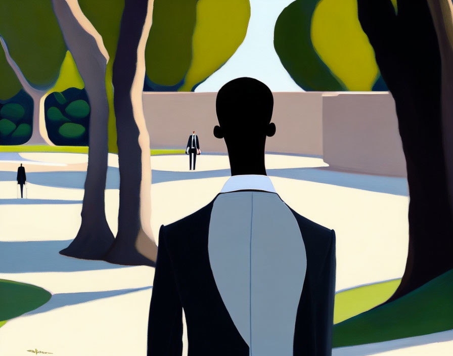 Stylized painting of person in park with exaggerated shadows