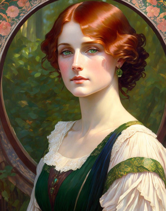 Red-Haired Woman in Victorian Style Portrait Mirror Pose