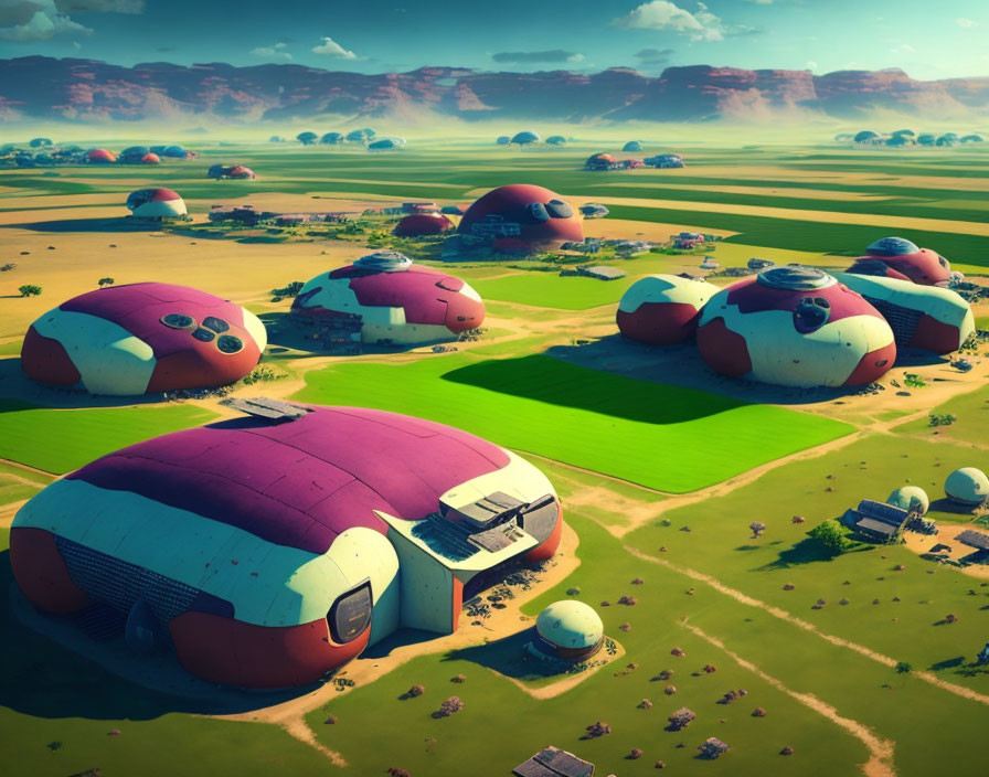 Futuristic agricultural landscape with dome-shaped structures amid green fields