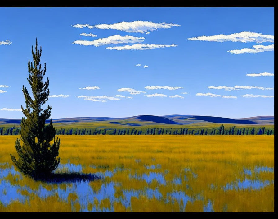 Scenic landscape with lone conifer tree in yellow grasslands