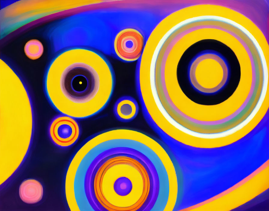 Vibrant concentric circles in abstract painting on blue and purple background