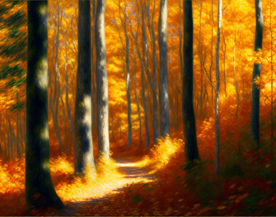 Tranquil Autumn Forest Scene with Tall Trees and Fallen Leaves