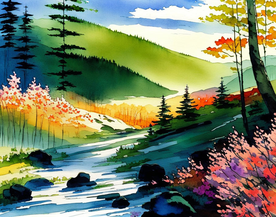 Colorful Watercolor Landscape with Stream and Rolling Hills