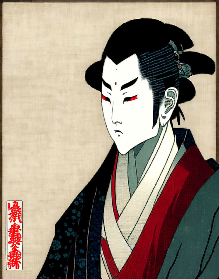 Japanese Woodblock Print: Kabuki Actor with Stylized Makeup and Costume