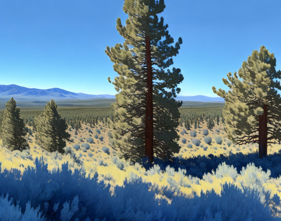 Tranquil forest scene with tall pine trees and clear blue sky