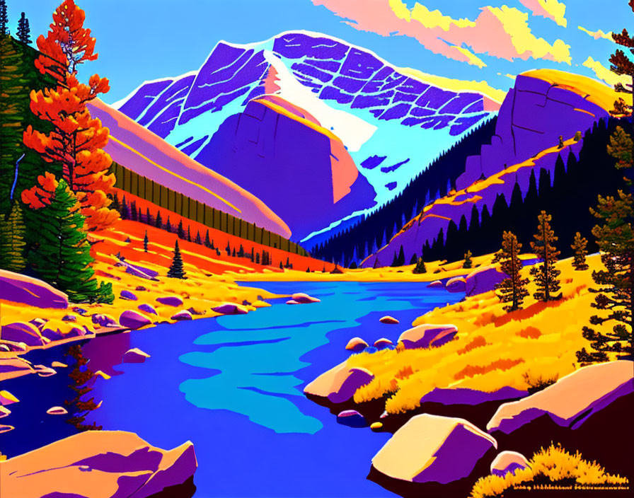 Colorful Mountain Landscape with River and Trees in Stylized Illustration