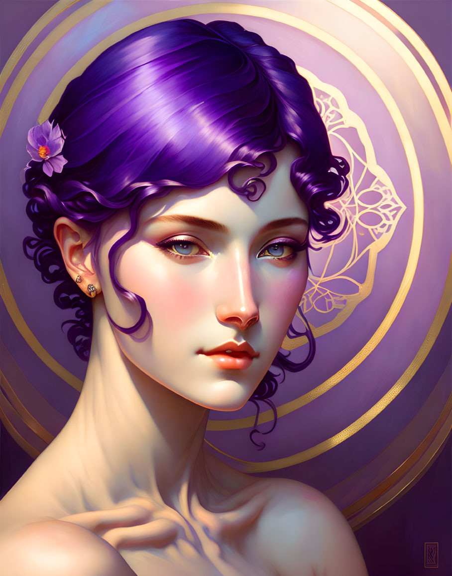 Digital portrait of a woman with violet hair and floral accent, set against golden circular designs