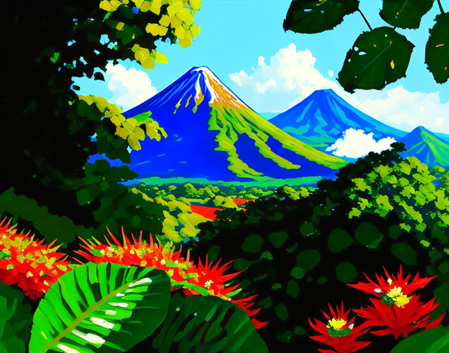 Blue mountains with snowy peaks and lush green foliage in digital painting