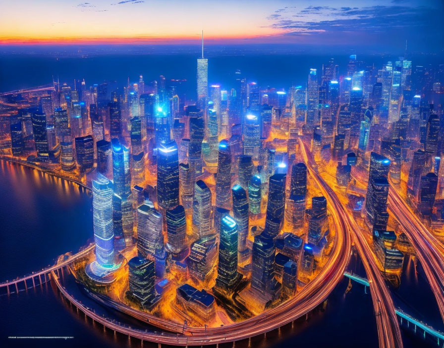 Futuristic cityscape with neon-lit skyscrapers at night