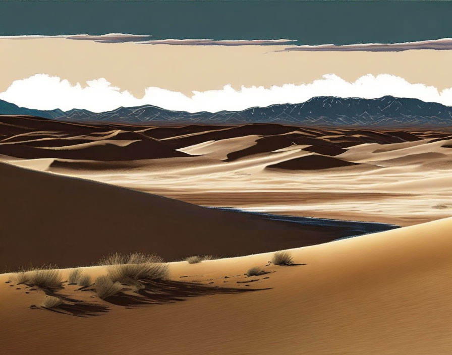 Tranquil desert landscape with dunes, vegetation, and mountains