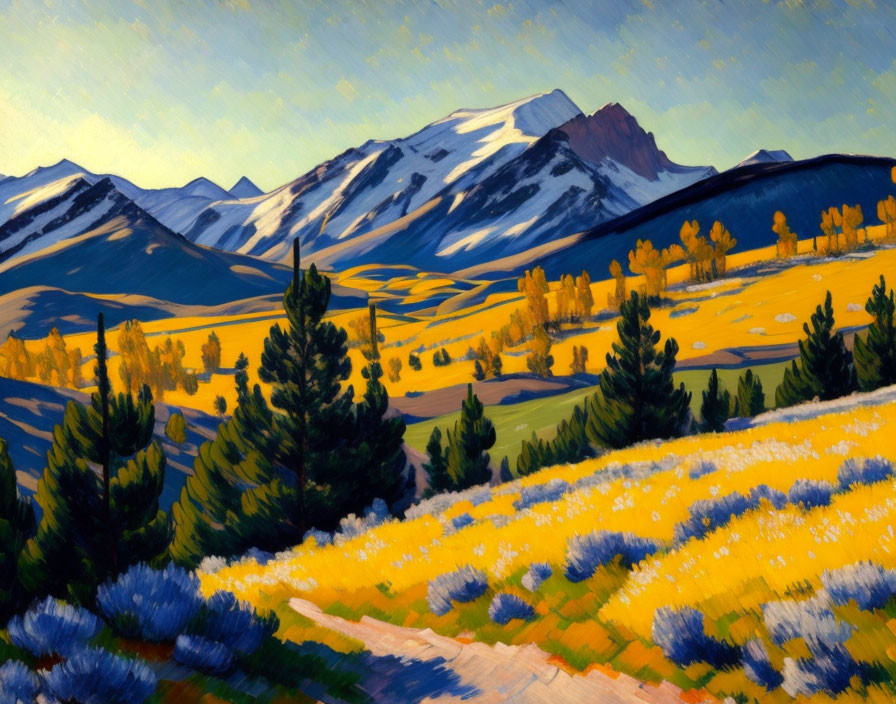 Mountain landscape painting with yellow wildflowers, green trees, and snow-capped peaks