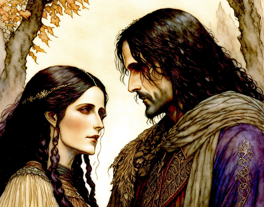 Man and woman in medieval attire in fantasy setting with autumn leaves.