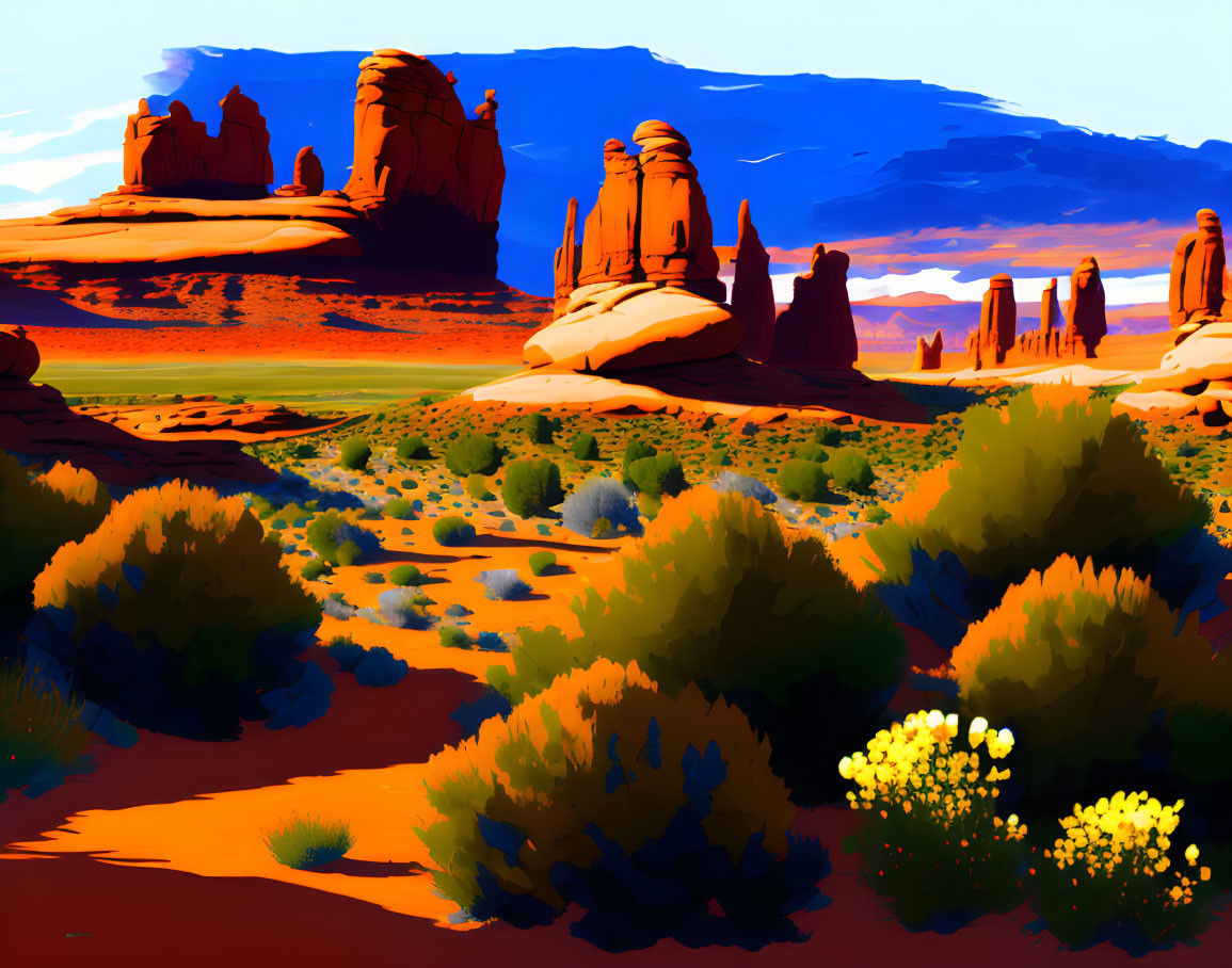 Desert landscape with red rock formations and blue skies