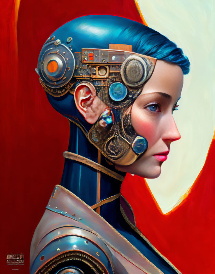 Female android portrait with exposed mechanics on red background