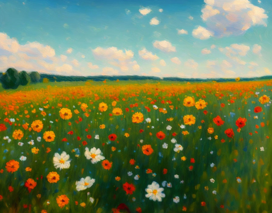 Impressionist painting of red and white flowers under blue sky