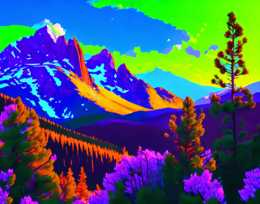 Colorful Psychedelic Mountain Landscape with Neon Trees