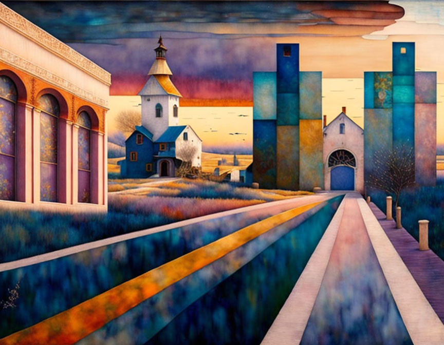 Colorful village painting with road and vibrant sky