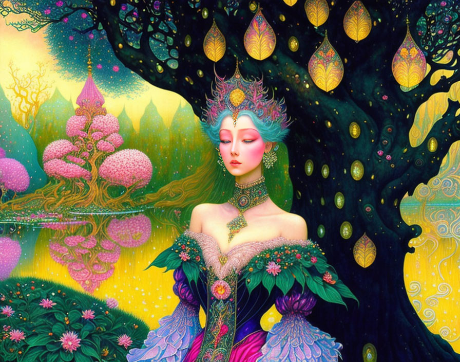 Colorful Fantasy Scene: Woman in Elaborate Attire with Vibrant Nature Background