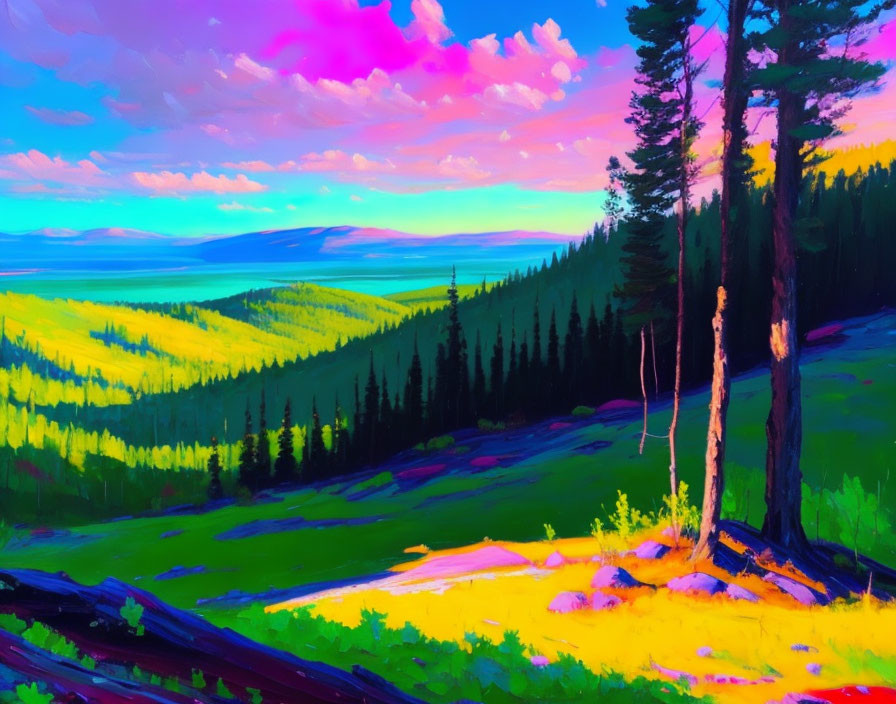 Colorful digital art landscape with pink clouds, blue lake, green forest, and tall pine tree shadows