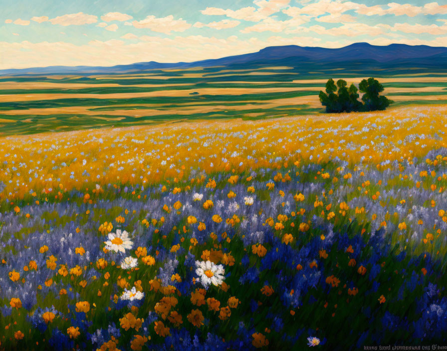 Colorful painting of yellow and blue wildflowers in a field with green hills and cloudy sky