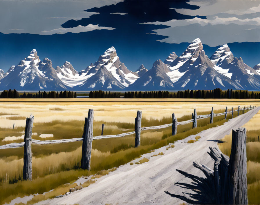 Rural landscape painting with dirt road, mountains, fence, tall grass, and blue sky