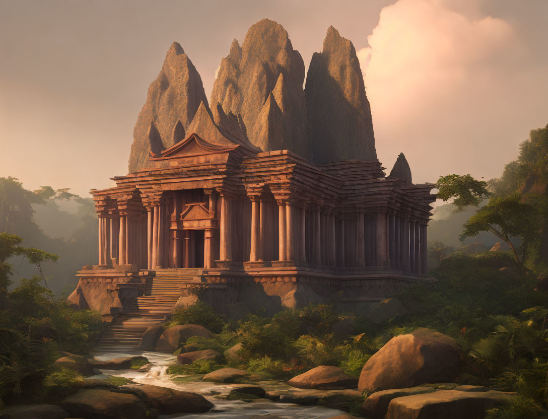 Ancient temple in mountain landscape with stream and sunrise