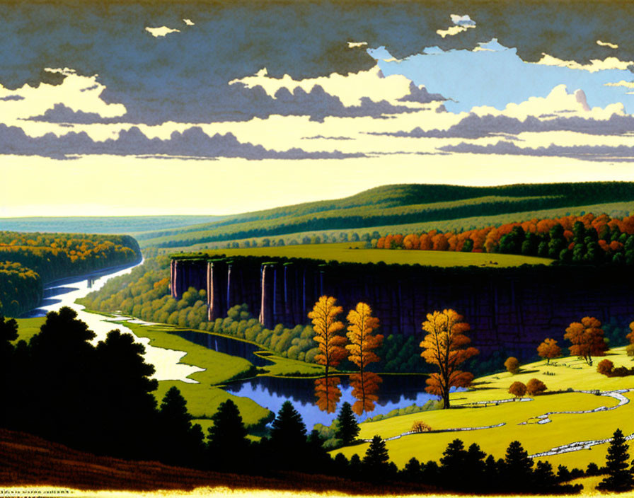 Scenic landscape with river, autumn trees, fields, cliffs, and vibrant sky