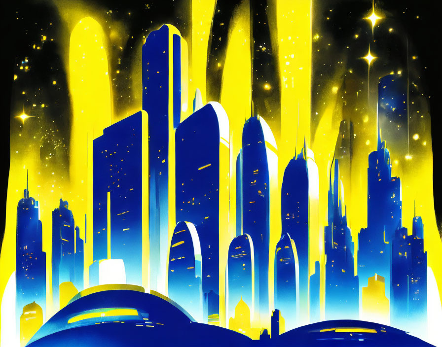 Futuristic cityscape with illuminated skyscrapers at night