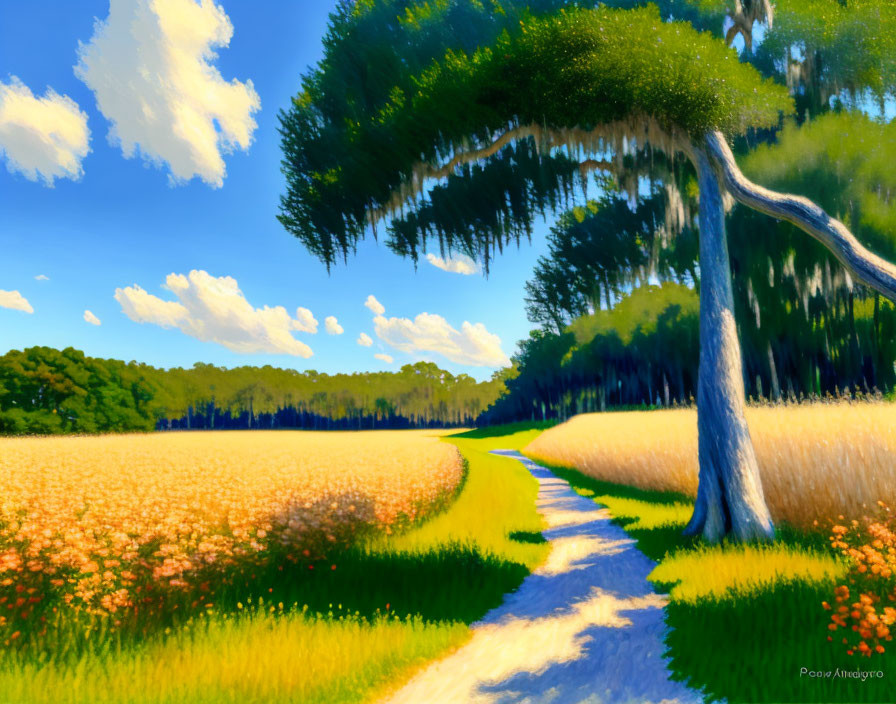 Colorful Landscape Painting with Winding Path, Tree, and Blue Sky