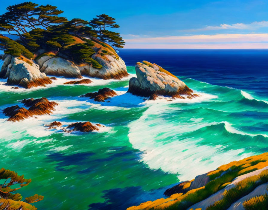 Vibrant coastal scene: Turquoise waves, rugged cliffs, blue sky