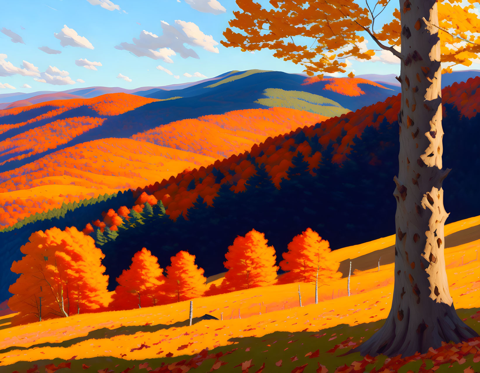 Vibrant autumn landscape with rolling hills and large tree