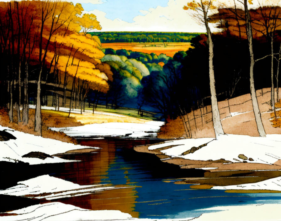 Serene landscape watercolor painting with stream, snow, autumn trees