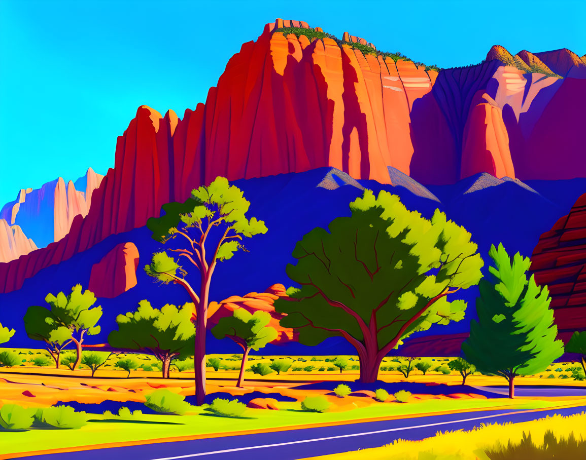 Colorful desert landscape with red rock formations and green trees under a clear blue sky