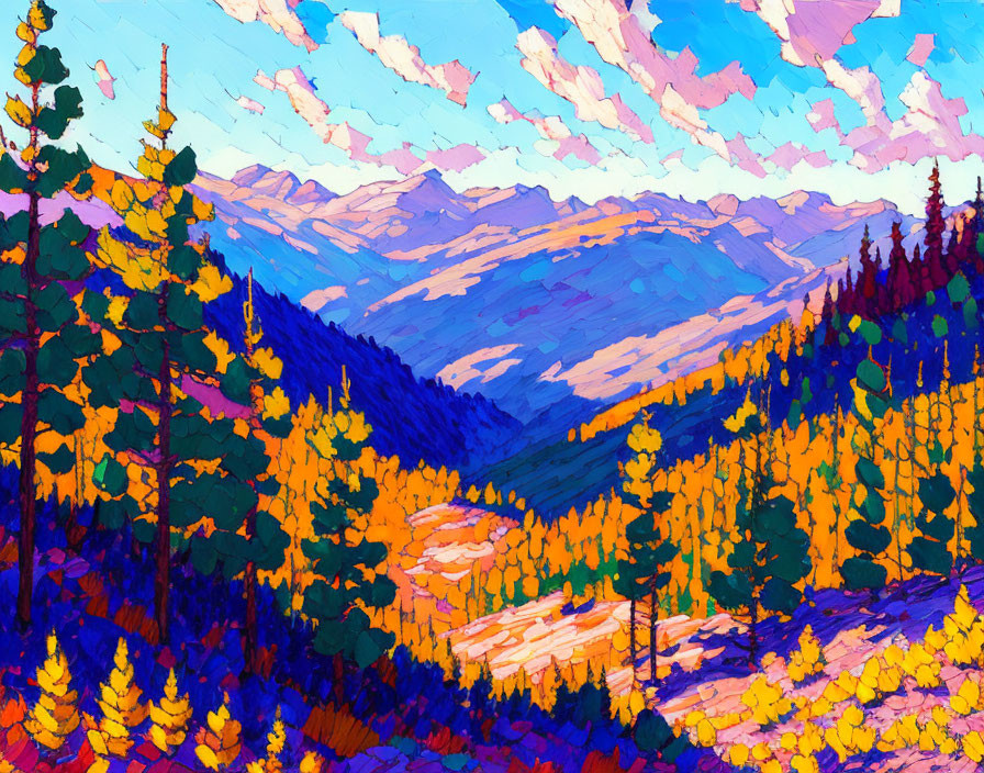 Colorful impressionist-style fall landscape painting with mountains and vibrant sky