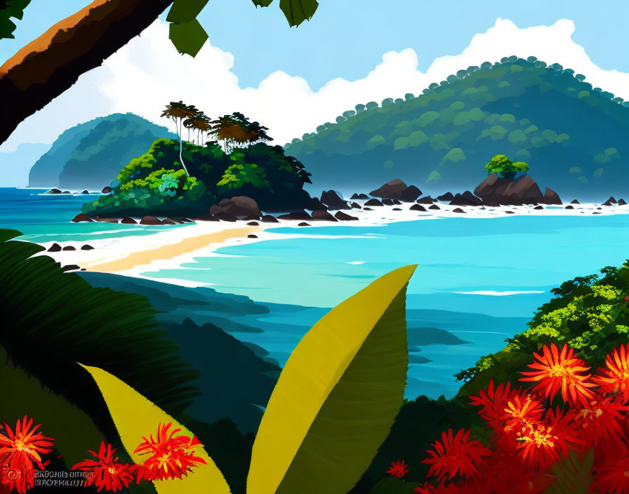 Tropical beach scene with green hills, turquoise waters, palm trees, and red flowers