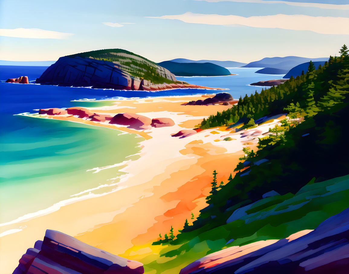 Colorful Coastal Landscape with Beach, Water, Forest, and Cliffs