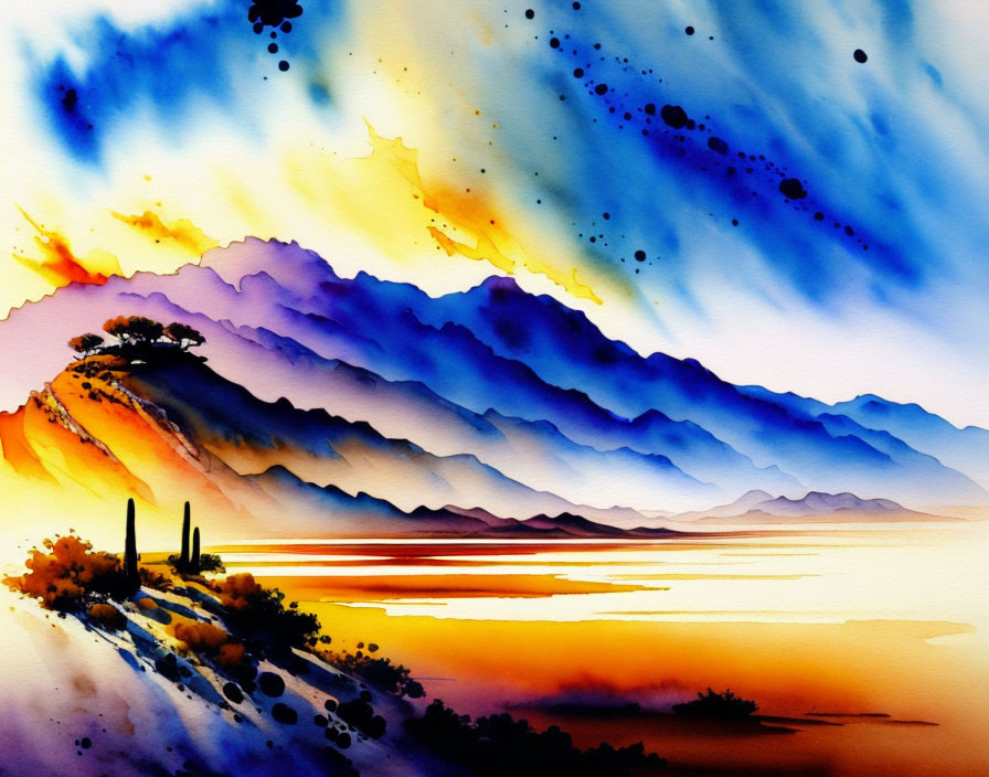 Colorful Watercolor Landscape: Layered Mountain Silhouettes, Sunset Sky, Water Reflection