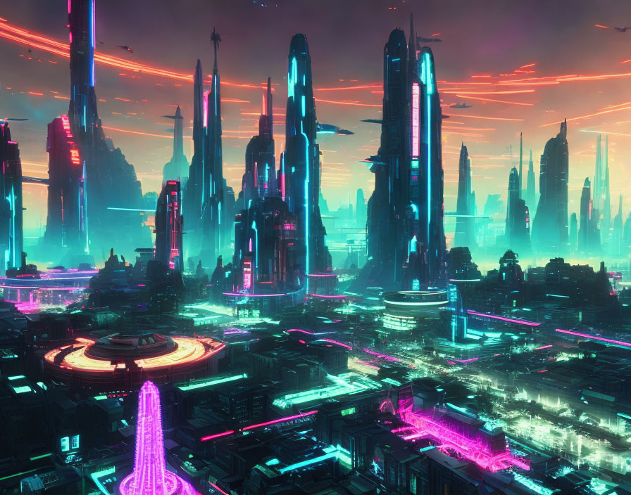 Futuristic cityscape at night with neon lights & skyscrapers