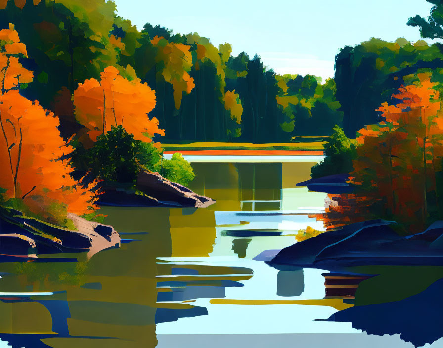 Vivid Autumn Trees Reflecting in Lake Scene