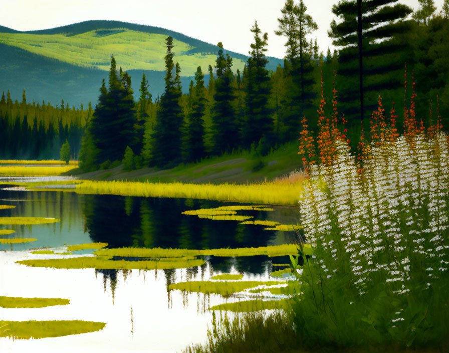 Tranquil lake with lily pads, greenery, wildflowers, and rolling hills